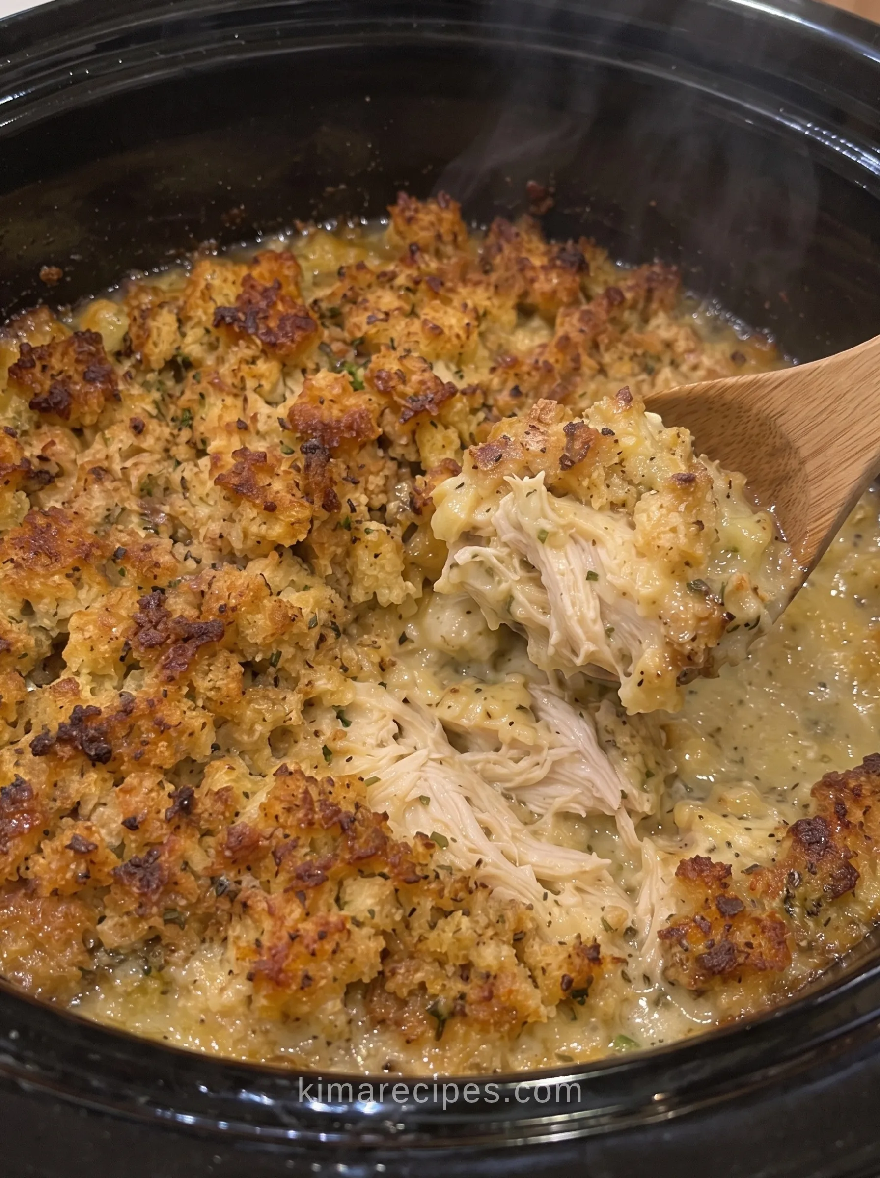 Slow cooker chicken and stuffing with a golden stuffing crust and shredded chicken in creamy sauce on a wooden spoon