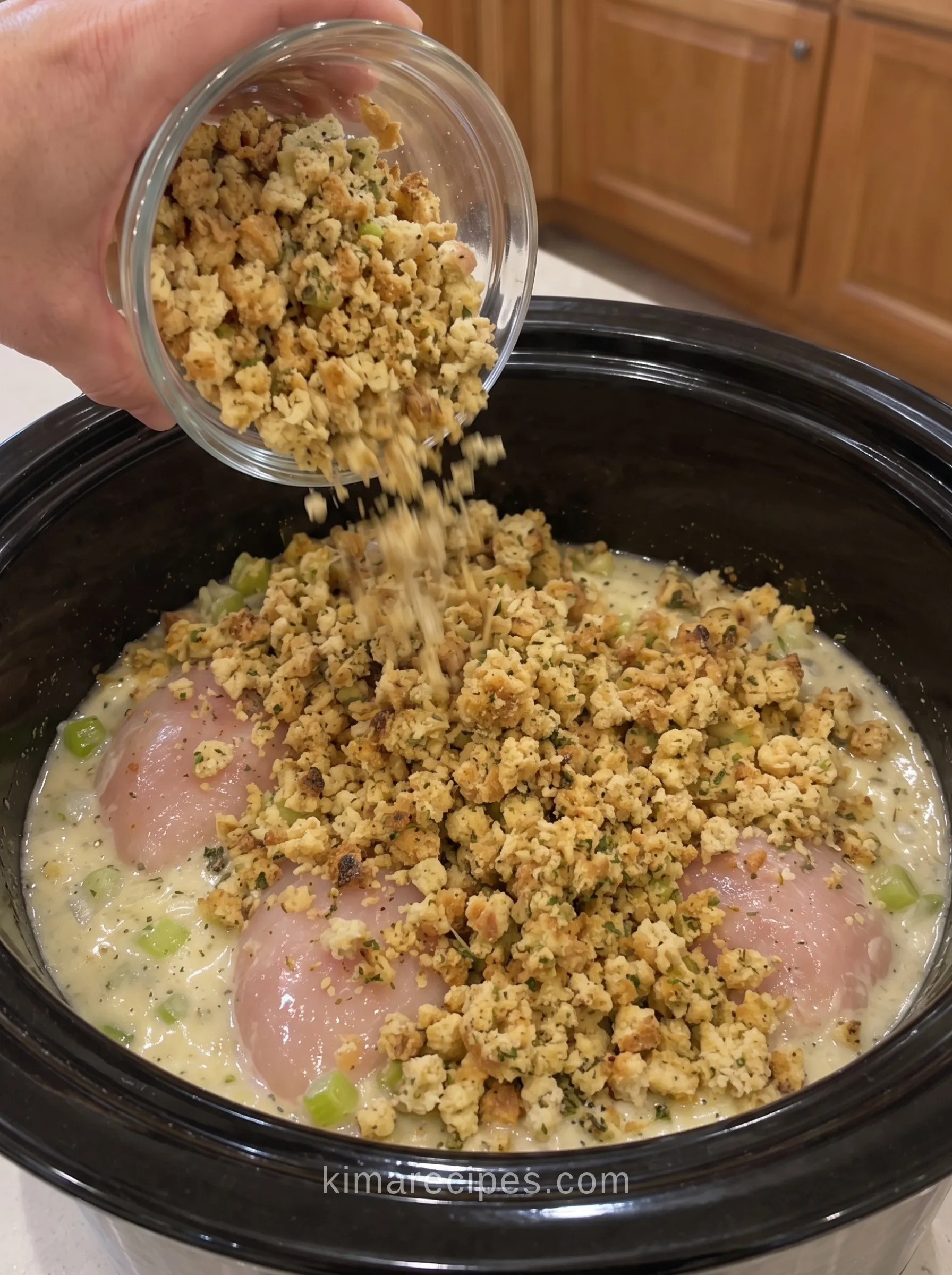 Pouring dry stuffing mix over chicken breasts in creamy sauce to make slow cooker chicken and stuffing