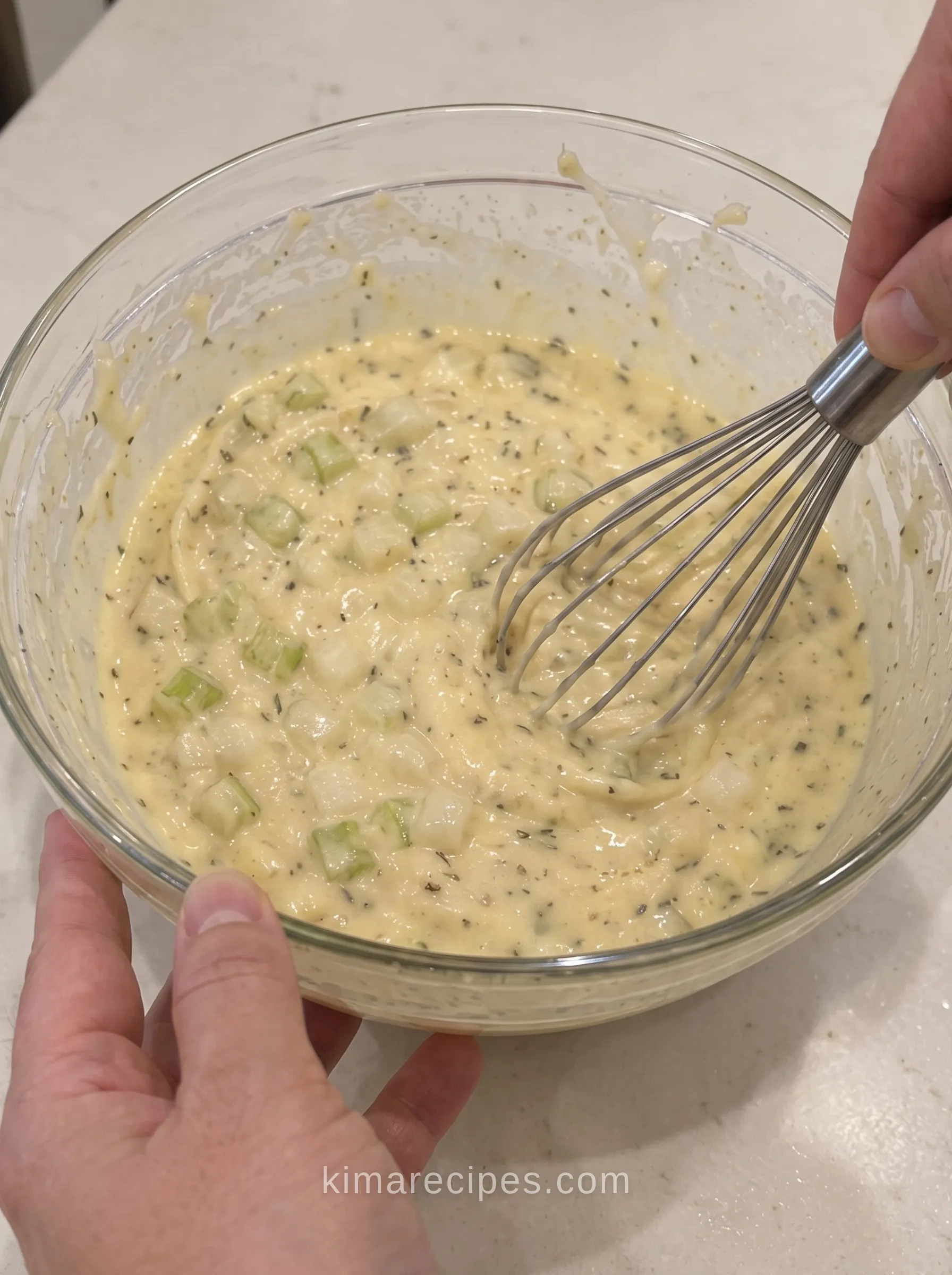 Whisking cream of chicken soup sauce with celery, onion and thyme for slow cooker chicken and stuffing