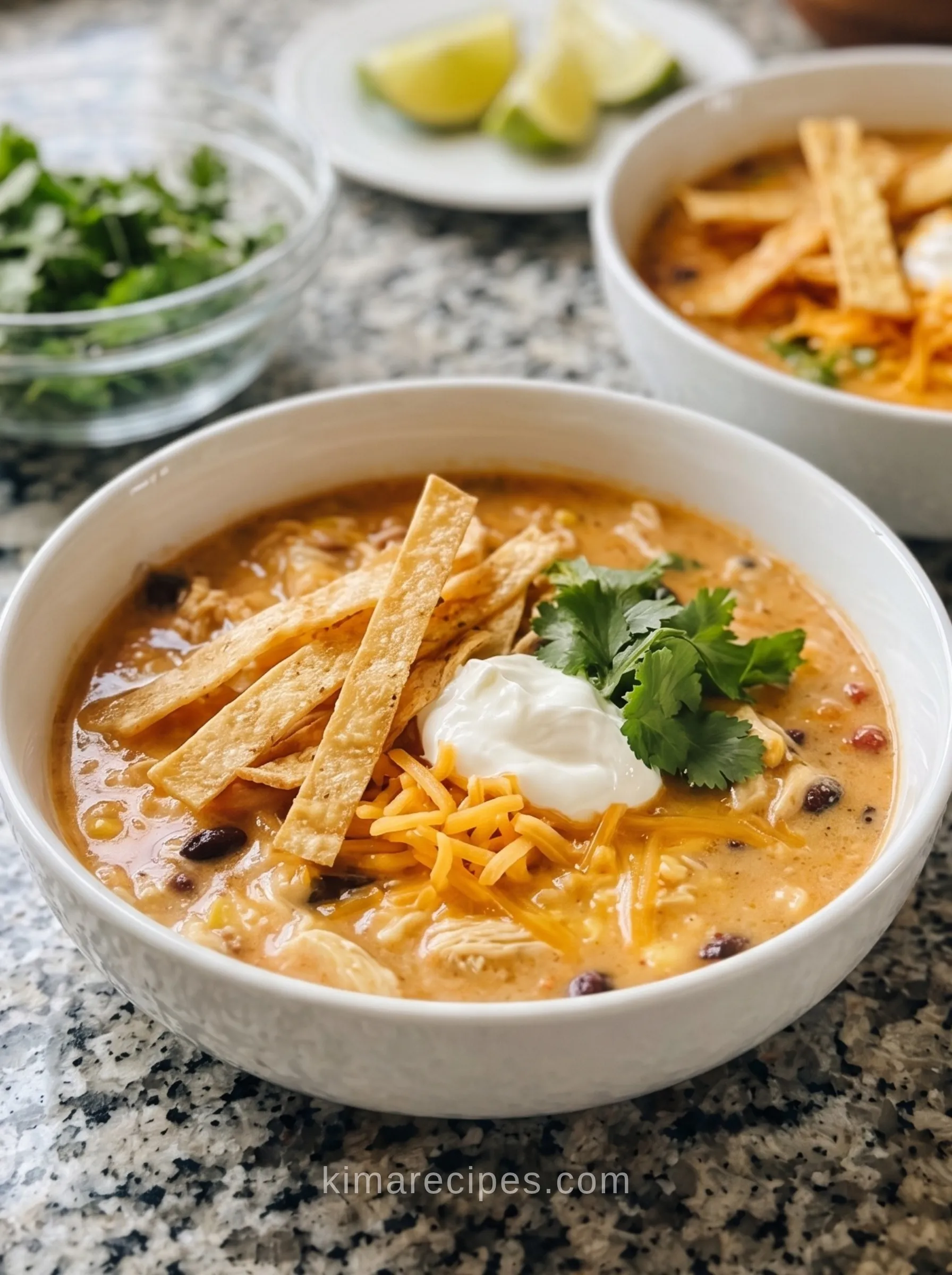 Bowl of cheesy chicken enchilada soup topped with tortilla strips, sour cream, cheddar, and cilantro