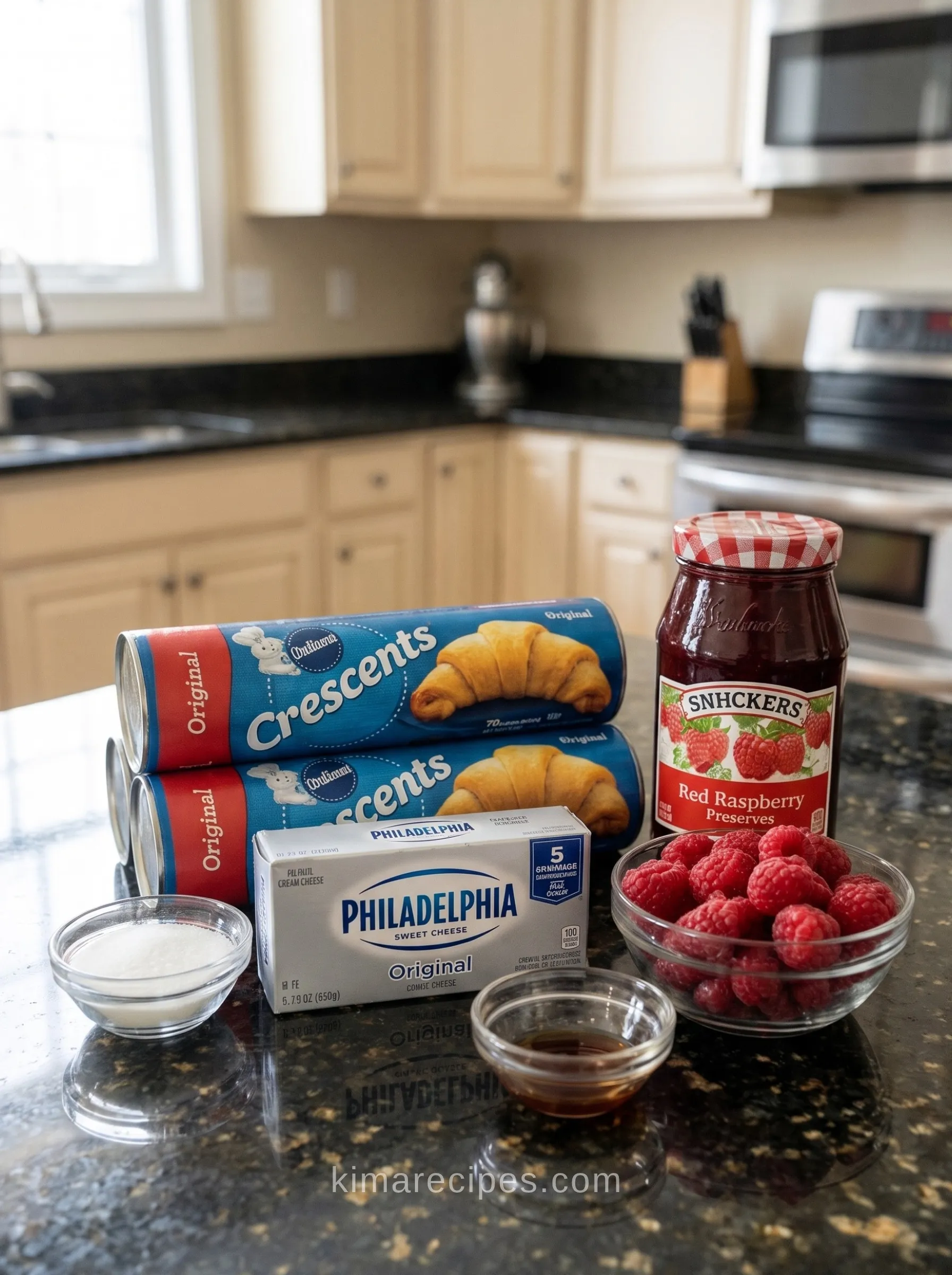 Ingredients for a raspberry cream cheese crescent ring on a granite counter: two cans of crescent rolls, cream cheese, raspberry preserves, fresh raspberries, sugar and vanilla