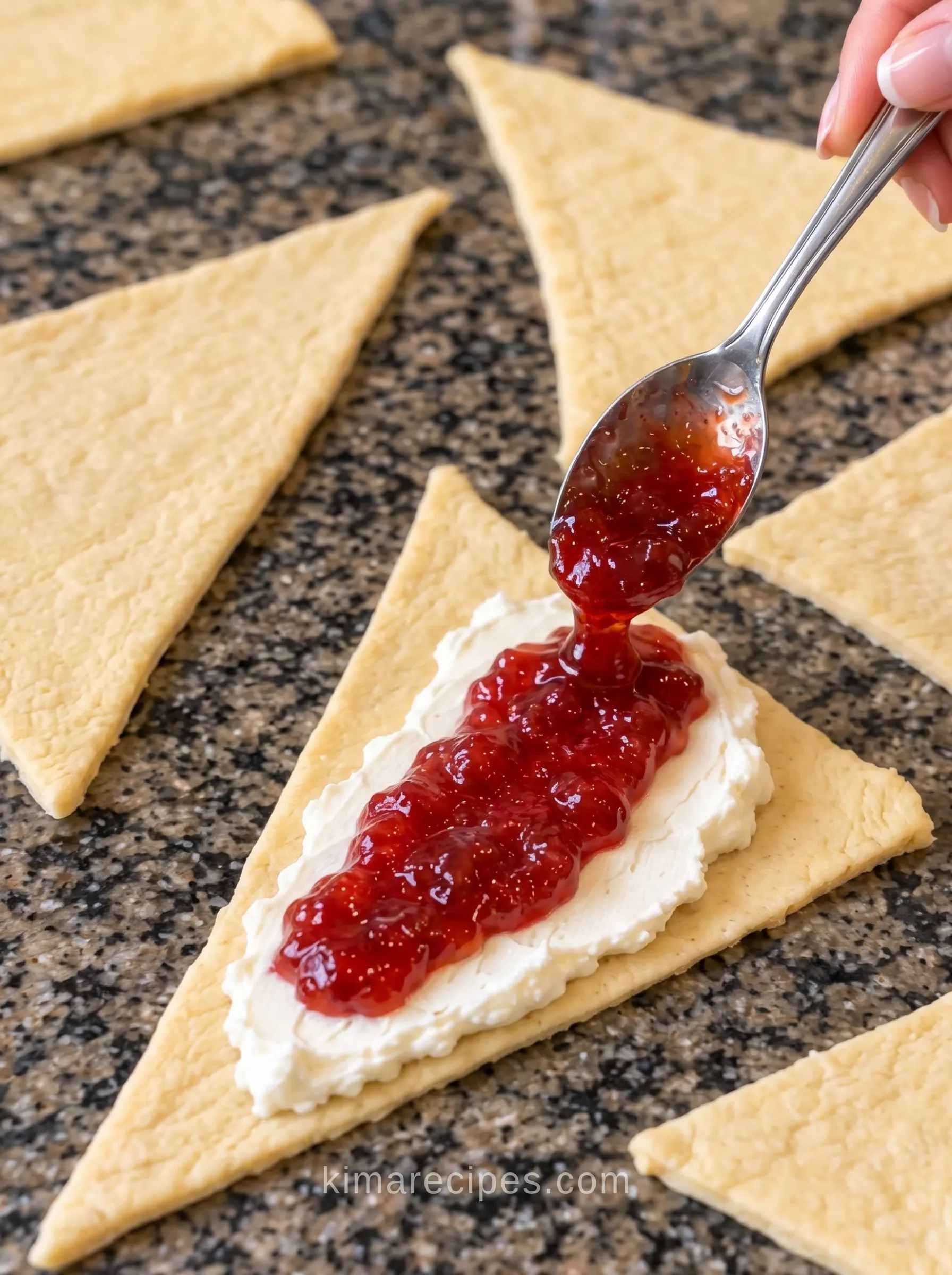 Spooning strawberry jam over cream cheese filling on a crescent roll triangle for cheesecake strawberry crescent swirls