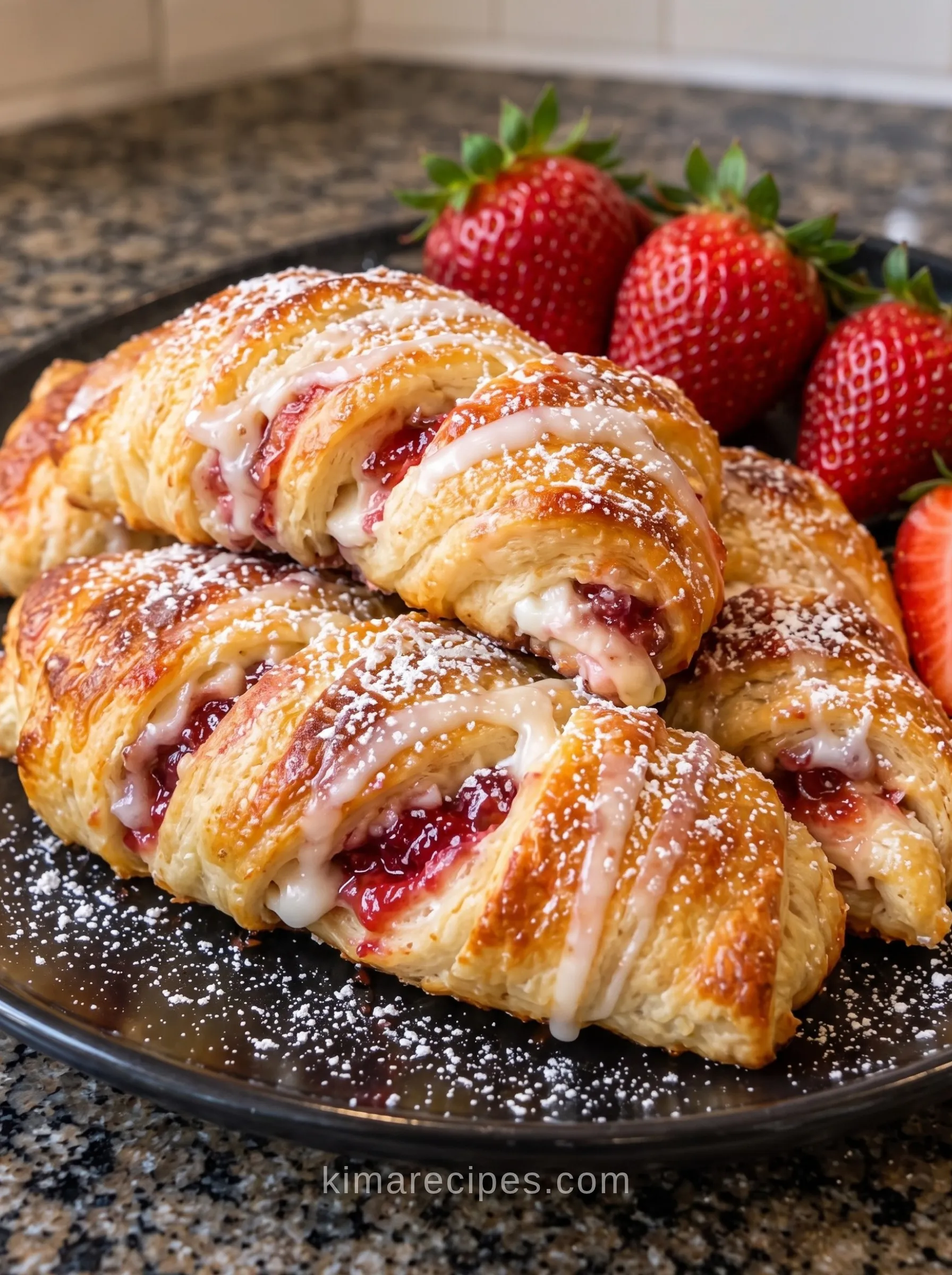 Glazed cheesecake strawberry crescent swirls with jam peeking out, dusted with powdered sugar, on a black plate with fresh strawberries